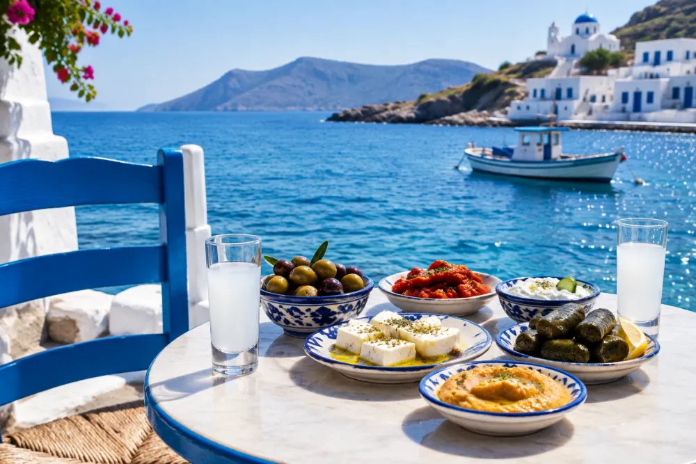 Tafeltje aan zee met glazen ouzo, olijven, meze, feta en blauwe stoel zichtbaar
