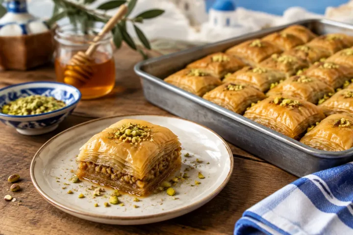 Stukje pistachebaklava op bord, bakvorm met meerdere stukken en honingpotje achtergrond
