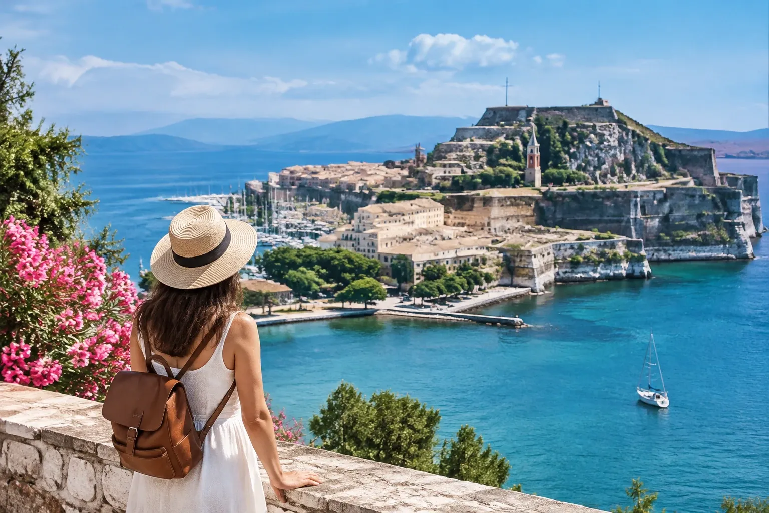 Vrouw met strohoed en rugzak kijkt uit over oude vesting en blauwe zee van Corfu
