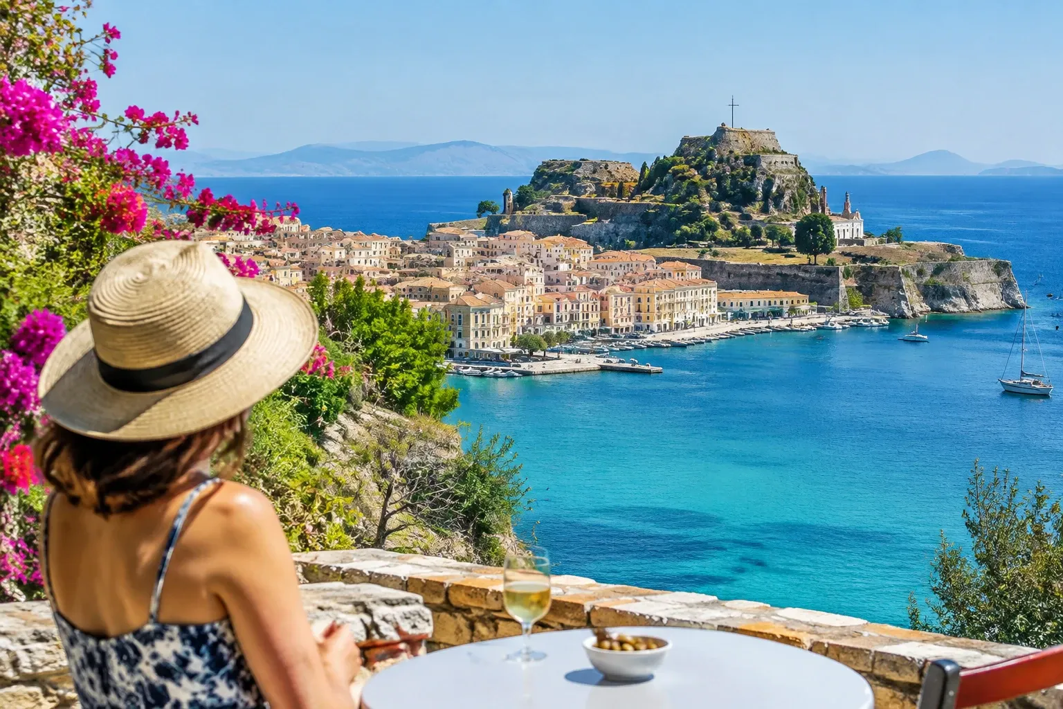 Vrouw met zonhoed kijkt naar blauwe baai van Corfu en Venetiaans fort, tafel met wijn