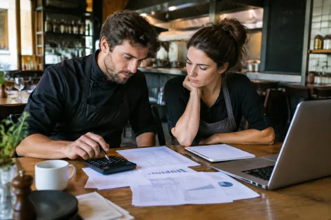 Twee koks aan tafel in restaurant rekenen kosten met rekenmachine en laptop