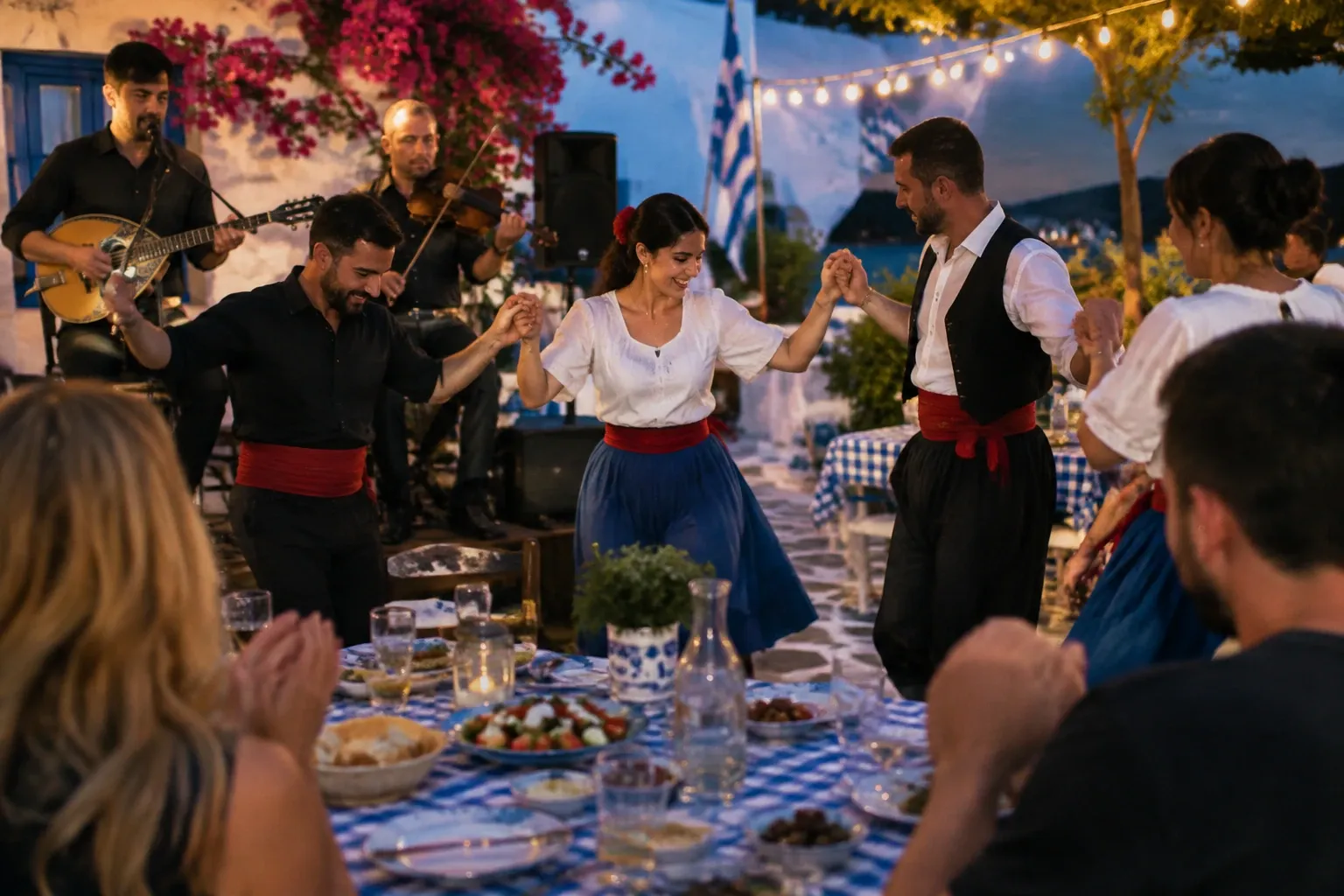 Mensen dansen Sirtaki in traditionele kledij bij tafels met Grieks eten en fakkels