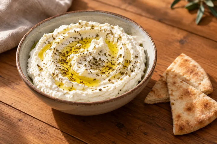 Komkommervrije tzatziki-achtige dip met olijfolie en kruiden naast pitabroodjes