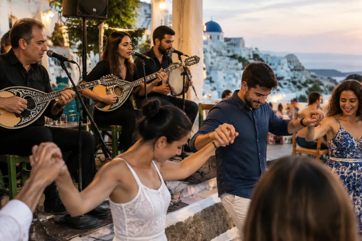 Mensen hand in hand dansend bij live bouzouki-band op terras met Grieks dorp op achtergrond