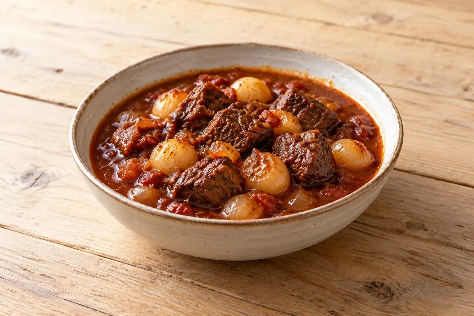 Komijnkleurige stifado met rundvleesblokjes en pareluien in diepe kom op hout