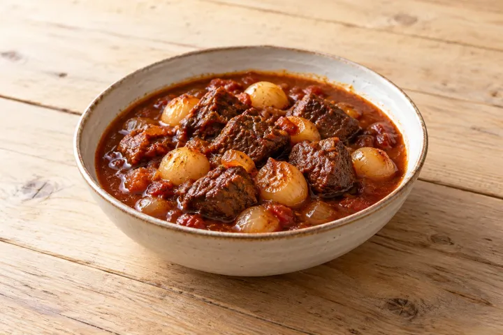 Komijnkleurige stifado met rundvleesblokjes en pareluien in diepe kom op hout