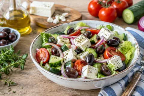 Komkommer, cherrytomaaten, rode ui, olijven en blokjes feta in kom