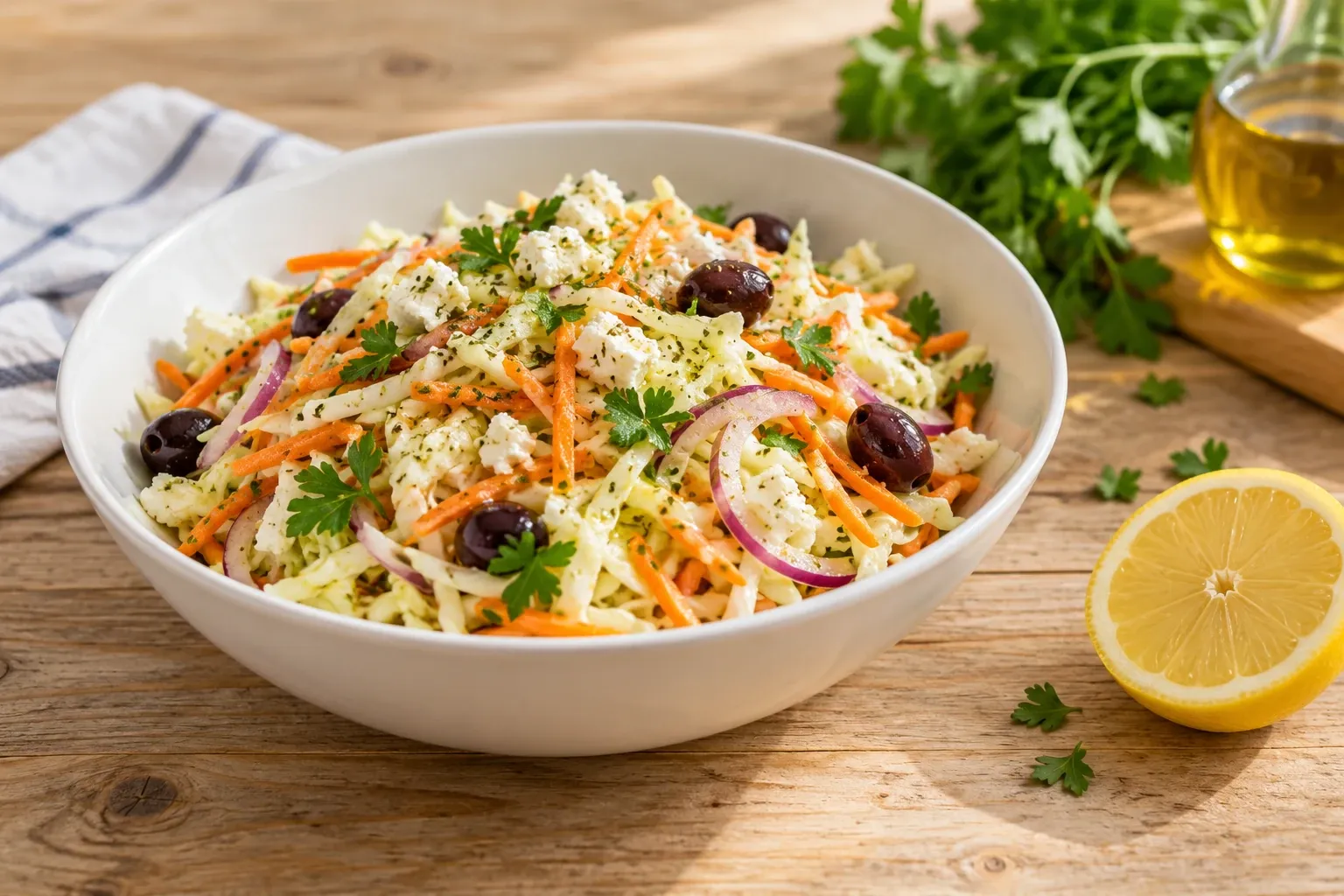 Komkomkommervrije Griekse wittekoolsalade met feta, olijven, wortel en citroenreepjes