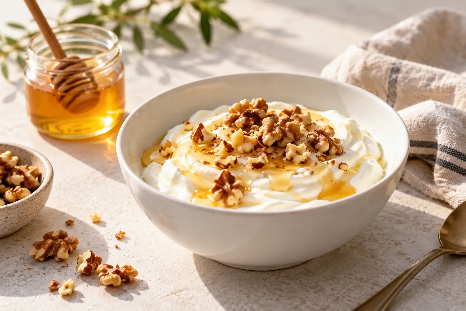 Kom Griekse yoghurt met honing en walnoten op lichte keukentafel