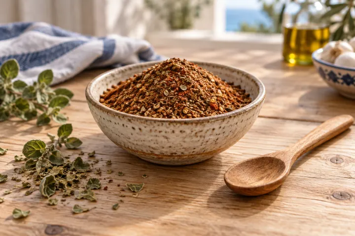 Komkommervrije kom met gyroskruiden, houten lepel en gedroogde oregano naast elkaar