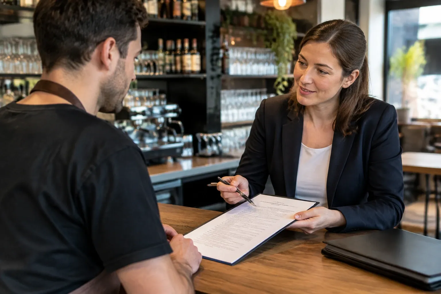 Vrouw met map wijst handtekeningplek aan voor barista in caféomgeving