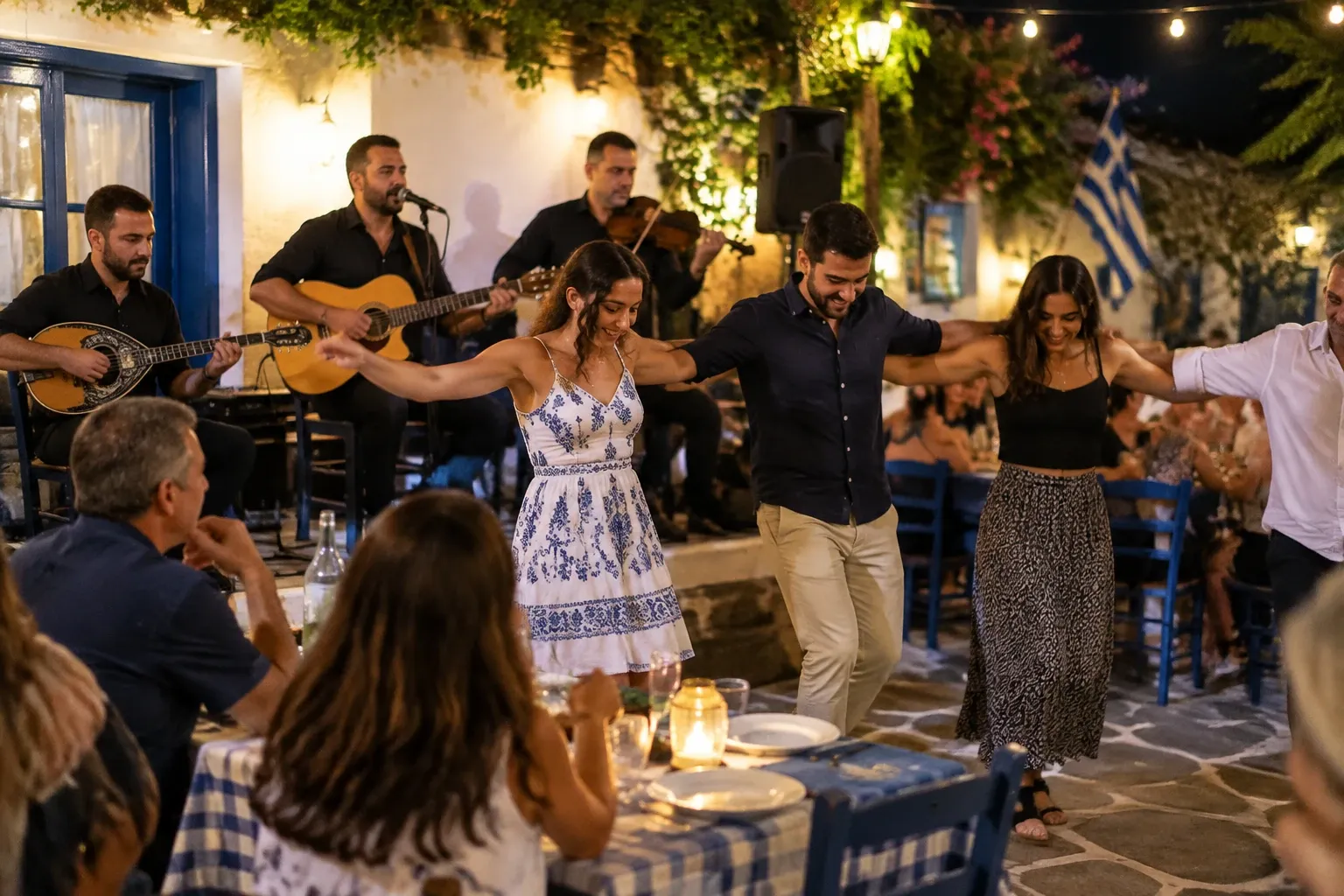 Mensen dansen hand in hand op plein met live bouzouki-muzikanten en sfeerverlichting