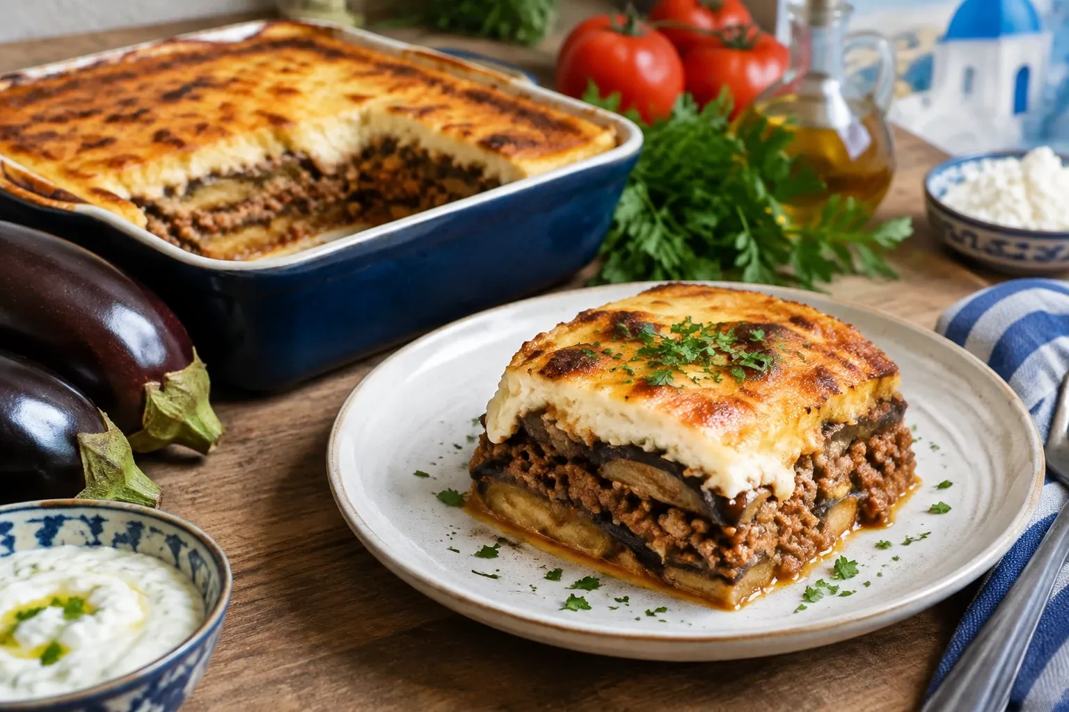 Portie moussaka met laagjes aubergine, gehakt en romige bechamelsaus, getopt met peterselie