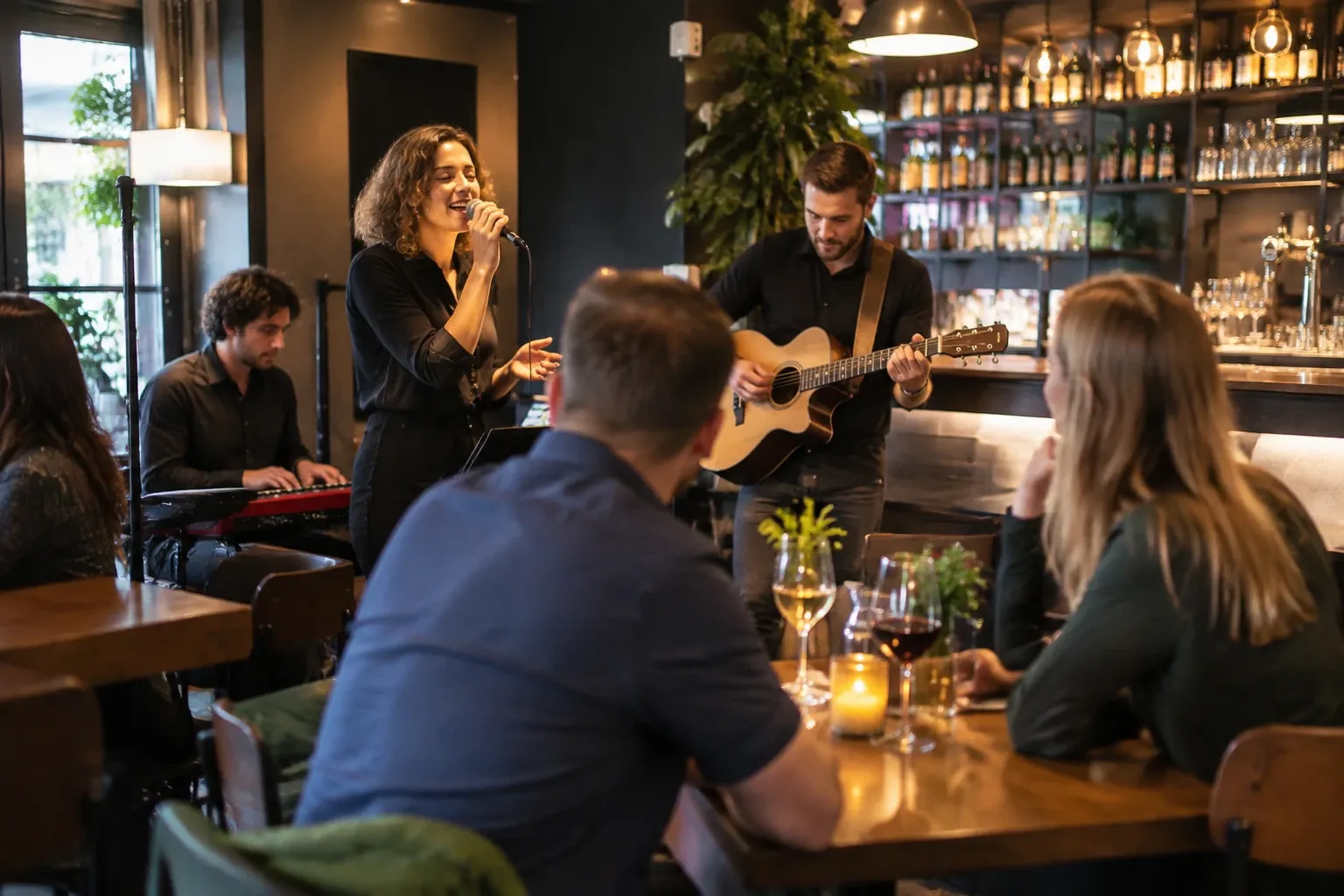 Zangeres en gitarist spelen live muziek in sfeervolle bar, gasten luisteren bij tafels