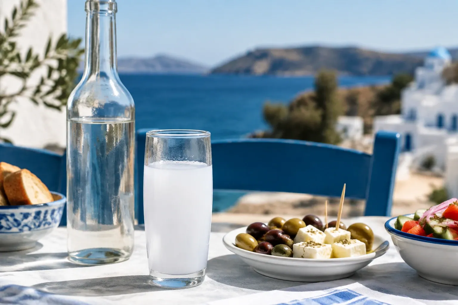 Glazen met melkachtige ouzo naast fles, schaaltjes olijven, feta en salade bij zee