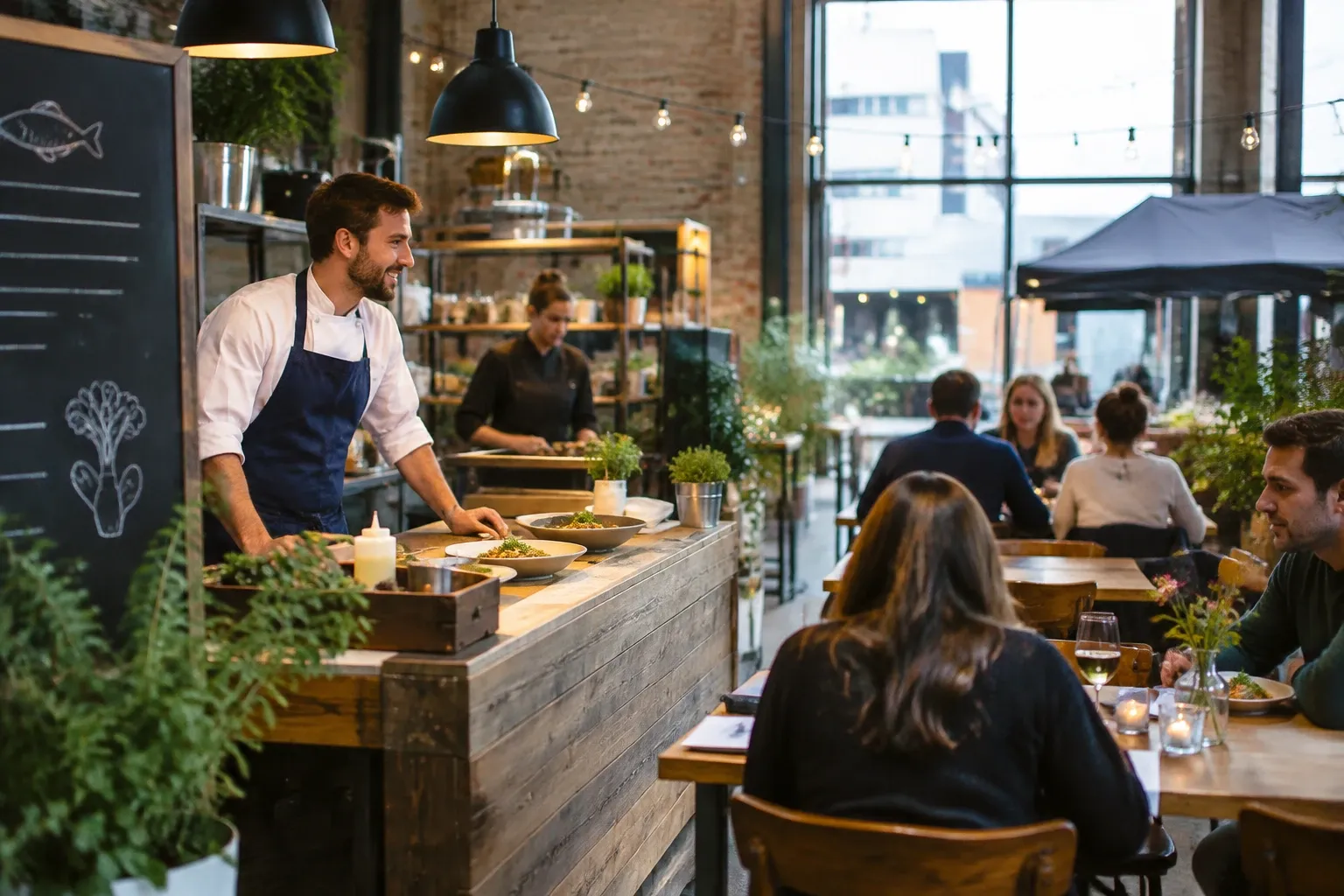 Chef met schort serveert gerechten aan gasten in warme, moderne pop-up restaurantomgeving