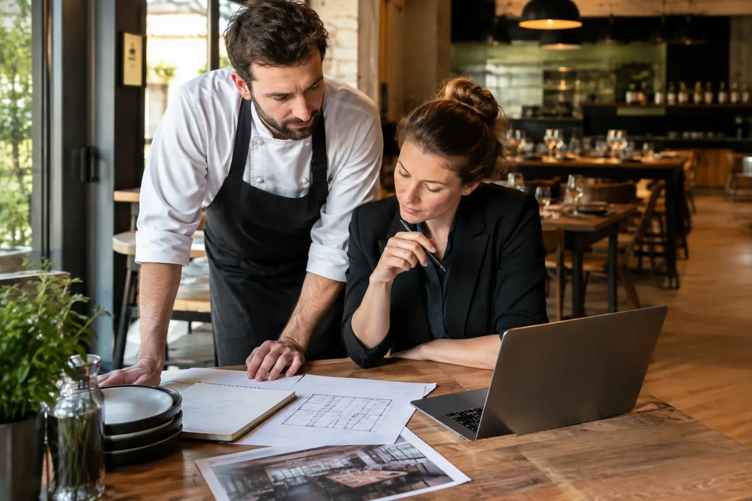 Chef en zakenvrouw bekijken plattegronden en laptop in leeg restaurant interieur
