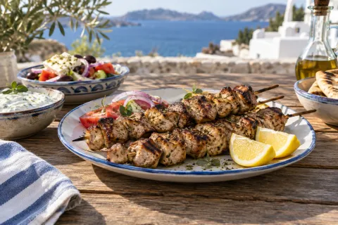 Gegrilde kip souvlaki op spiesjes met citroen, tzatziki en Griekse salade