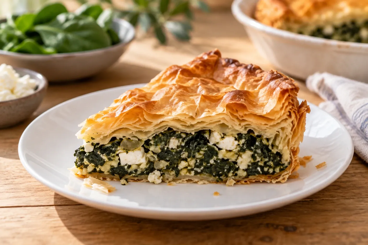 Grote stuk spanakopita met krokante filodeeglaag en spinazie-feta vulling op bord