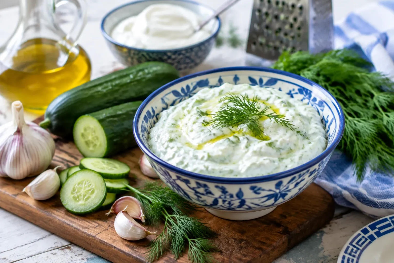 Komkommer-dille tzatziki in blauwe kom met knoflook, olijfolie en verse dille